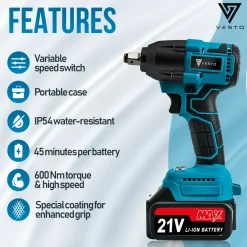 Vesto® Accu Slagmoersleutel 21v - Incl. 6x Moerdoppen - 2x Accu - 600nm - Slagschroevendraaier