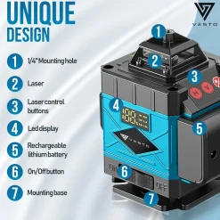 Vesto® 4d Kruislijnlaser - Zelfnivellerend Bouwlaser Met 4-16 Lijnen - 360° Rotatie - 50m Meetbereik