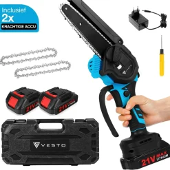 Vesto ® Mini Kettingzaag – Draadloos Met 2 Accu's – Heggenschaar Accu - Handkettingzaag - Snoeizaag