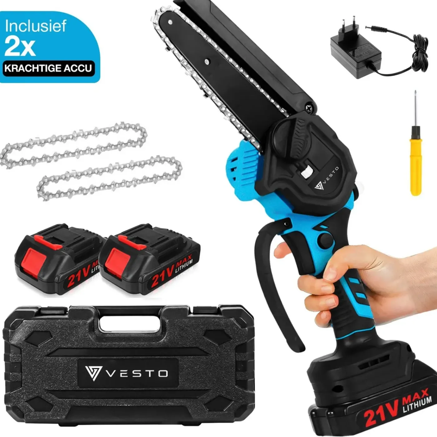Vesto ® Mini Kettingzaag – Draadloos Met 2 Accu's – Heggenschaar Accu - Handkettingzaag - Snoeizaag