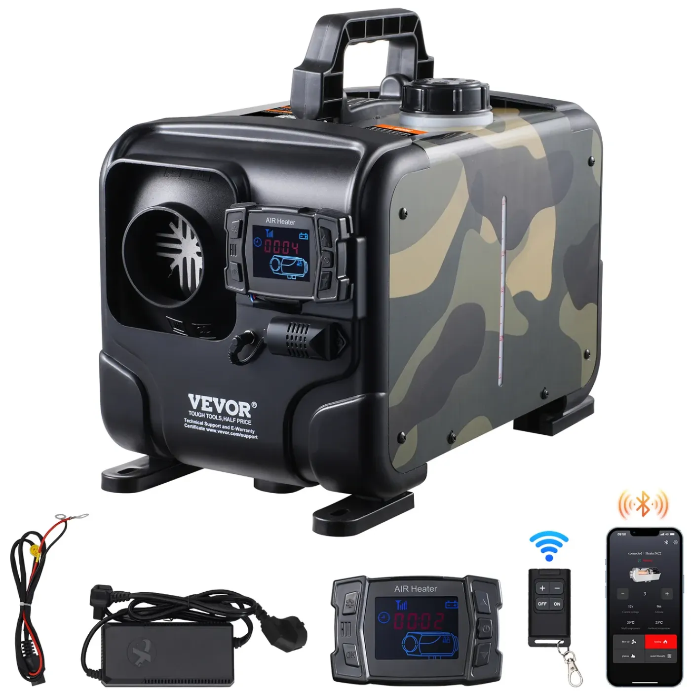 VEVOR Dieselkachel 8kw 12/24v Bluetooth App, Afst.bed., Display, Co-alarm, Snel Opwarmend