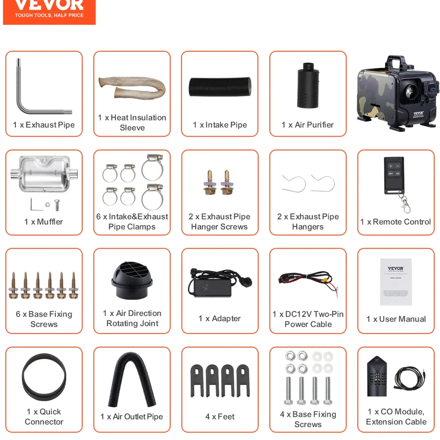 VEVOR Dieselkachel 8kw 12/24v Bluetooth App, Afst.bed., Display, Co-alarm, Snel Opwarmend