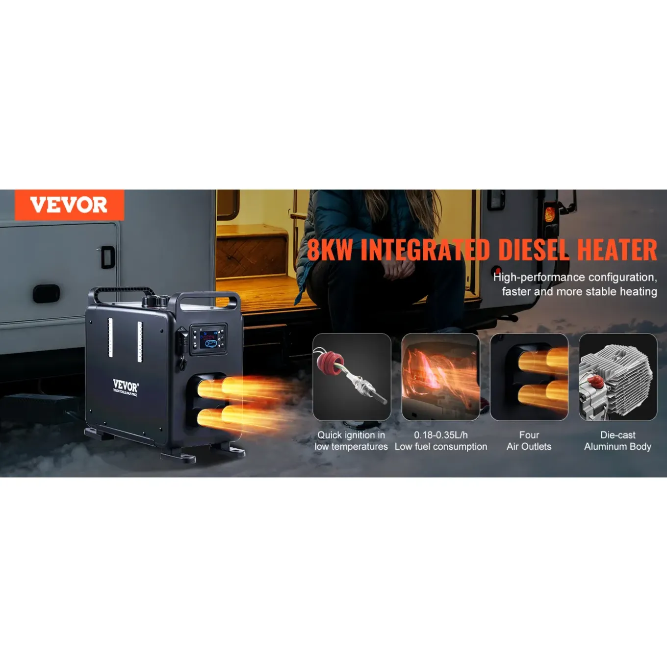 Vevor Dieselkachel 8kw 12/24v Verticaal Model, Bt App, Afst.bed., Co-alarm, Snel Warm
