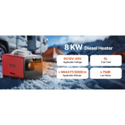 VEVOR Parkeerverwarming (dieselkachel) 8kw 12-24v 0.18-0.36l/u, 0-40°c, Afstandsbediening, Zwart Lcd