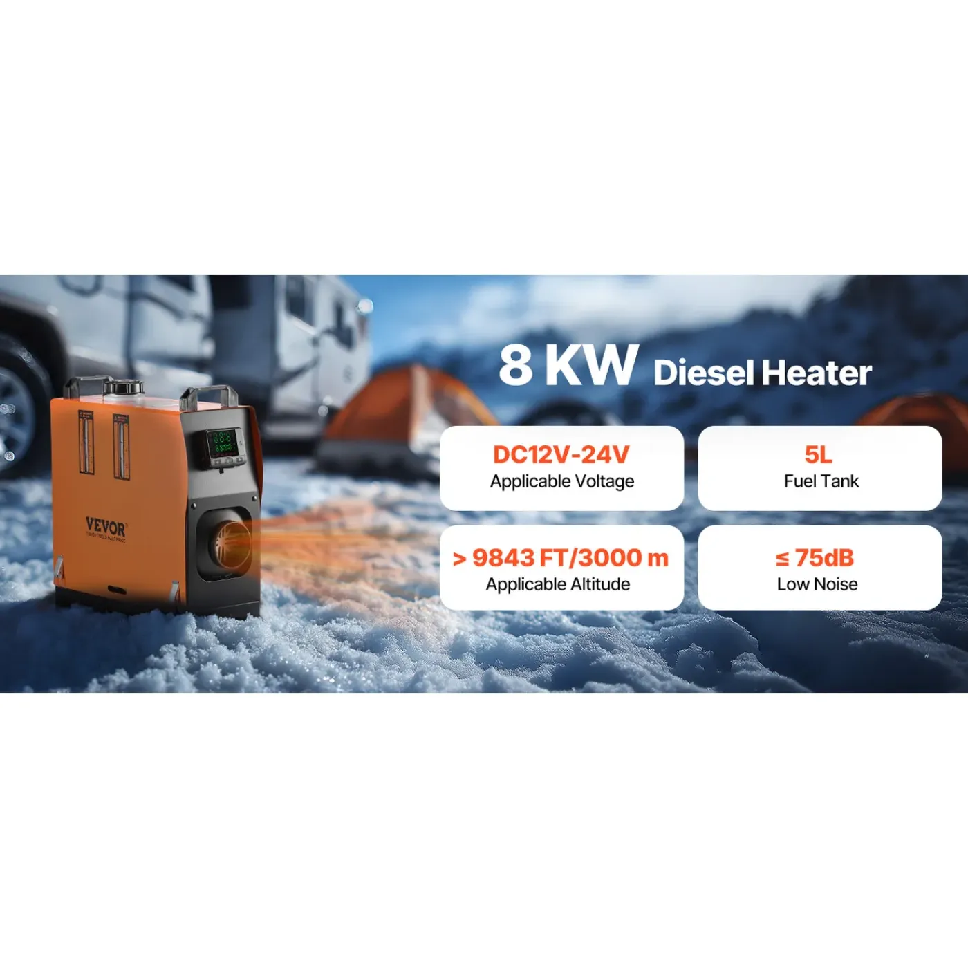 VEVOR Parkeerverwarming 8kw 12-24v Afst.bed., Kleurendisplay, Spraakbediening, Geluidsarm
