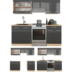 Vicco - Compacte Keuken - R-line - Glanzend Antraciet Goud-eiken - 200 Cm