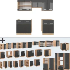 VICCO - Compacte Keuken - R-line 42987 - Glanzend Antraciet Goud Eiken - 200 Cm