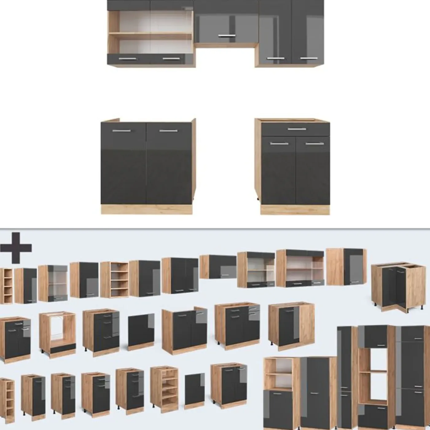 VICCO - Compacte Keuken - R-line 42987 - Glanzend Antraciet Goud Eiken - 200 Cm