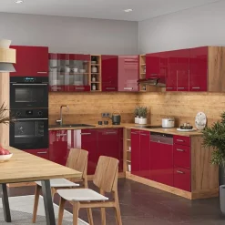 VICCO - Complete Hoekkeuken - R-line 43327 - Glanzend Rood Goudkleurig Eiken - 247 X 237 Cm