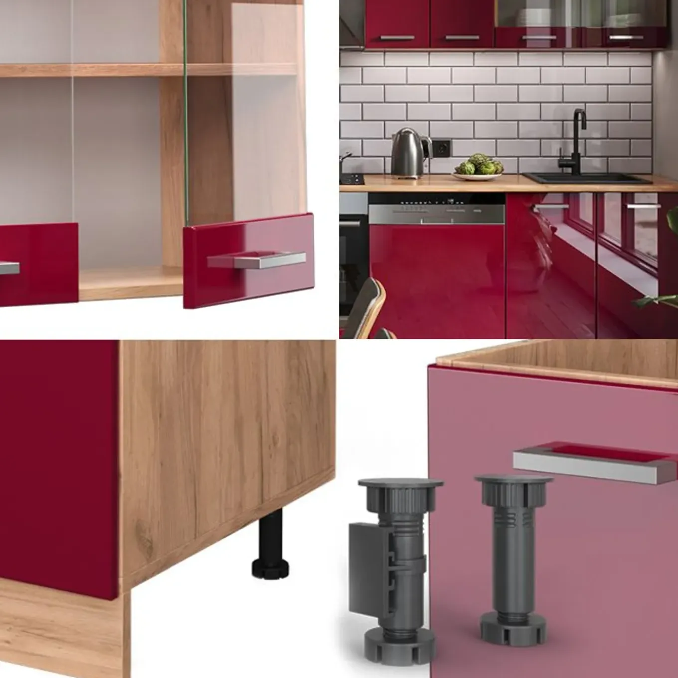 Vicco - Complete Keuken - R-line - Glanzend Rood En Goudkleurig Eiken - 300 X 207 Cm