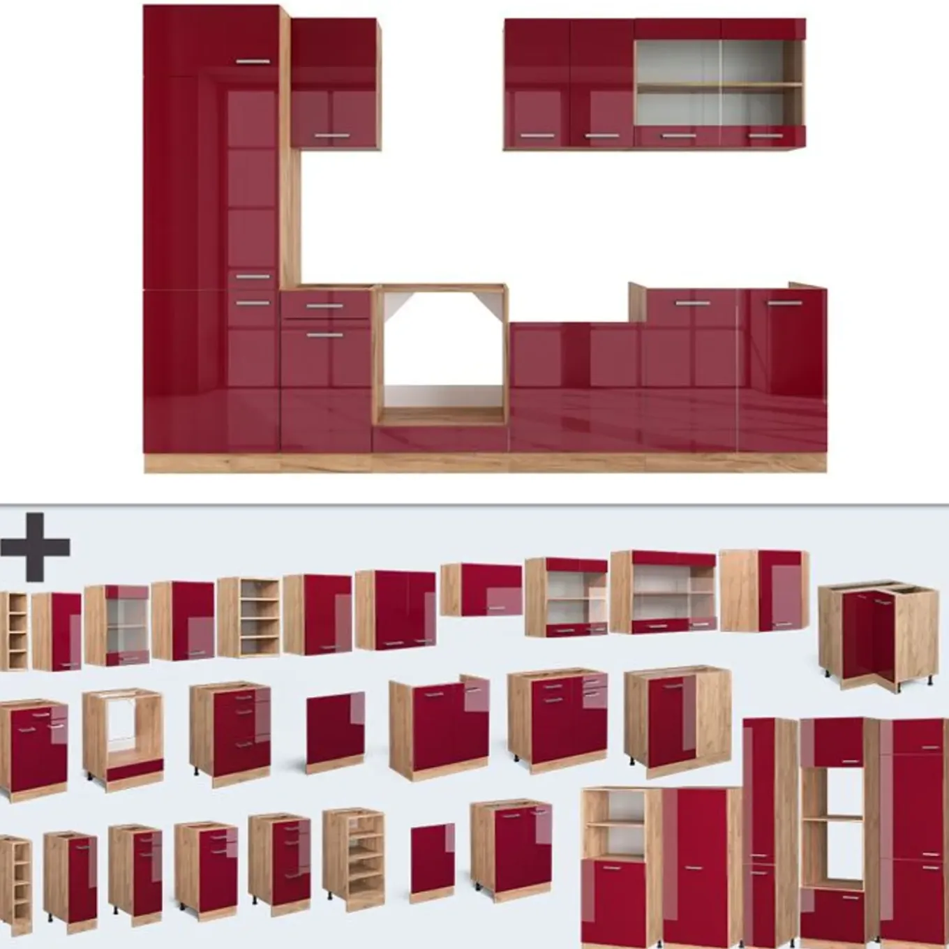Vicco - Complete Keuken - R-line - Glanzend Rood En Goudkleurig Eiken - 300 X 207 Cm