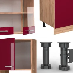 Vicco - Complete Keuken - R-line - Hoogglans Rood Goudkleurig Eiken - 8 Kasten - 300 Cm