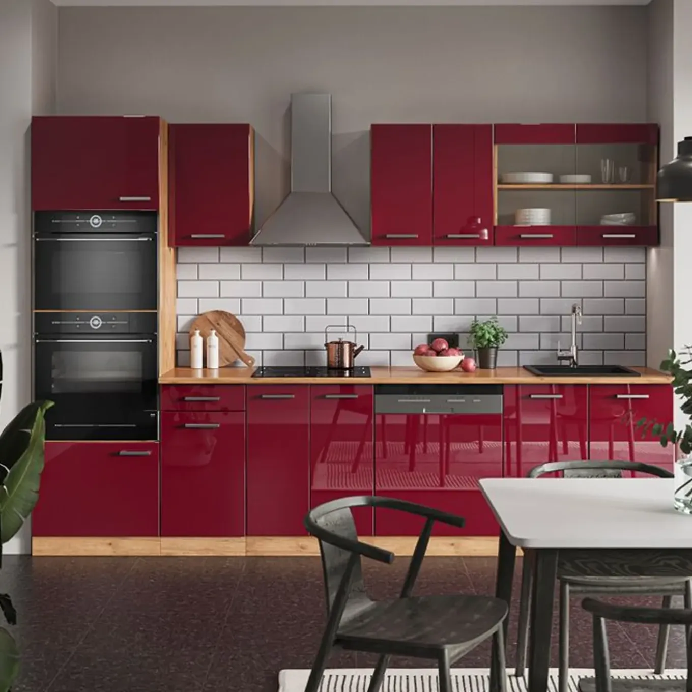 Vicco - Complete Keuken - R-line - Hoogglans Rood Goudkleurig Eiken - 8 Kasten - 300 Cm