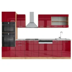 Vicco - Complete Keuken - R-line - Hoogglans Rood Goudkleurig Eiken - 8 Kasten - 300 Cm