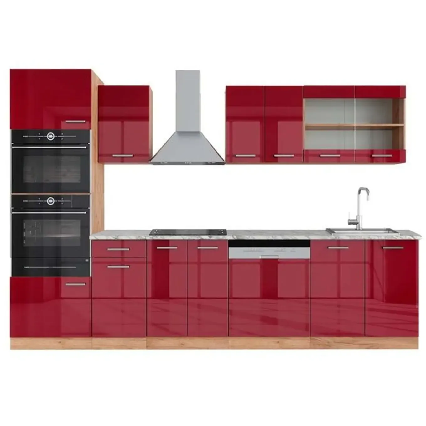 Vicco - Complete Keuken - R-line - Hoogglans Rood Goudkleurig Eiken - 8 Kasten - 300 Cm