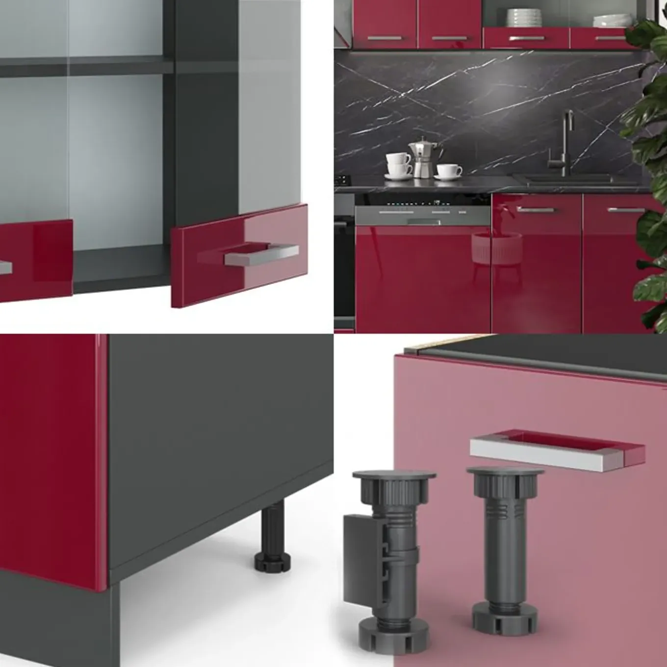Vicco - Complete Modulaire Keuken - R-line - Glanzend Rood Antraciet - 300 Cm