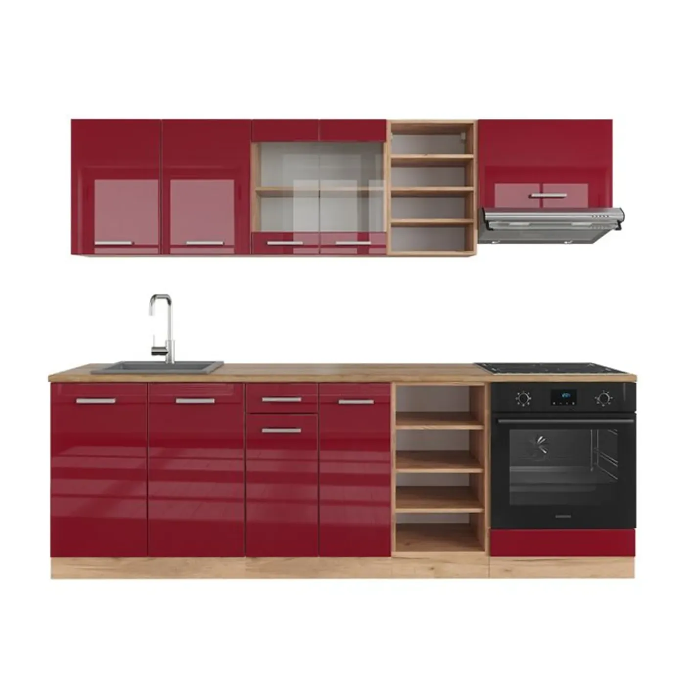 VICCO - Complete Modulaire Keuken - R-line - Hoogglans Rood Goud Eiken - 240 Cm