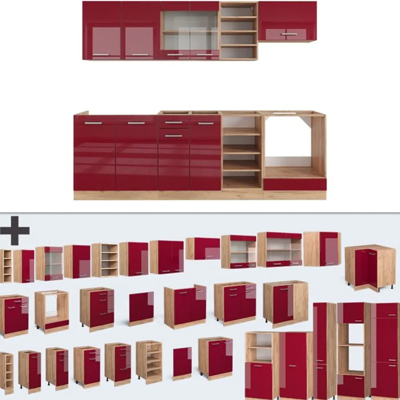 VICCO - Complete Modulaire Keuken - R-line - Hoogglans Rood Goud Eiken - 240 Cm