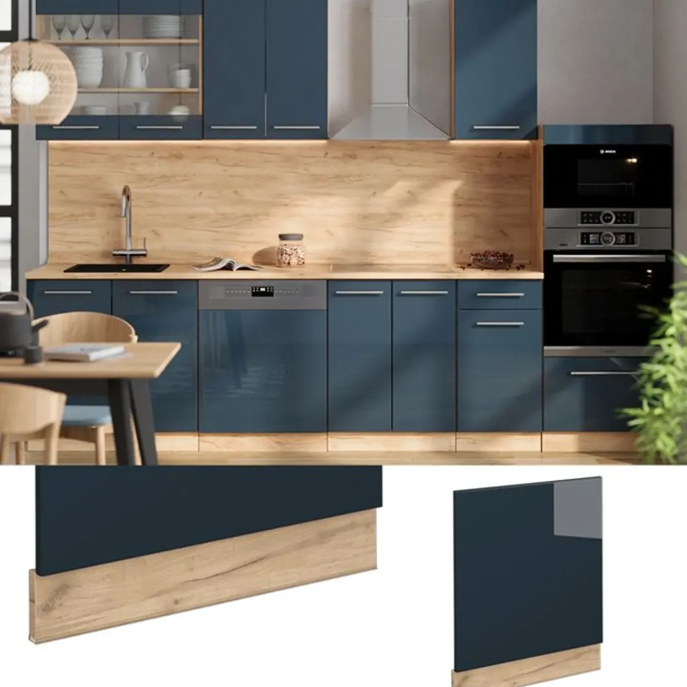VICCO Façade Fameline, 60cm, Pt Marbre, Donkerblauw Glanzend/gouden Eiken, 49696