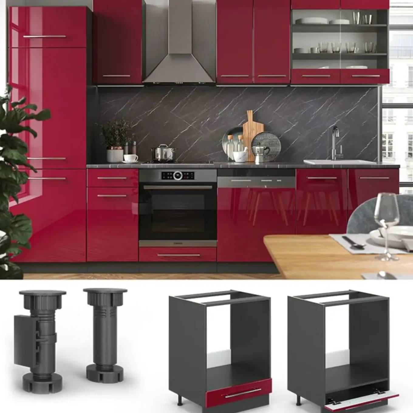 Vicco Fameline Ovenmeubel, 60cm, Pt Eik, Bordeauxrood Hoge Glans/antraciet, 46080