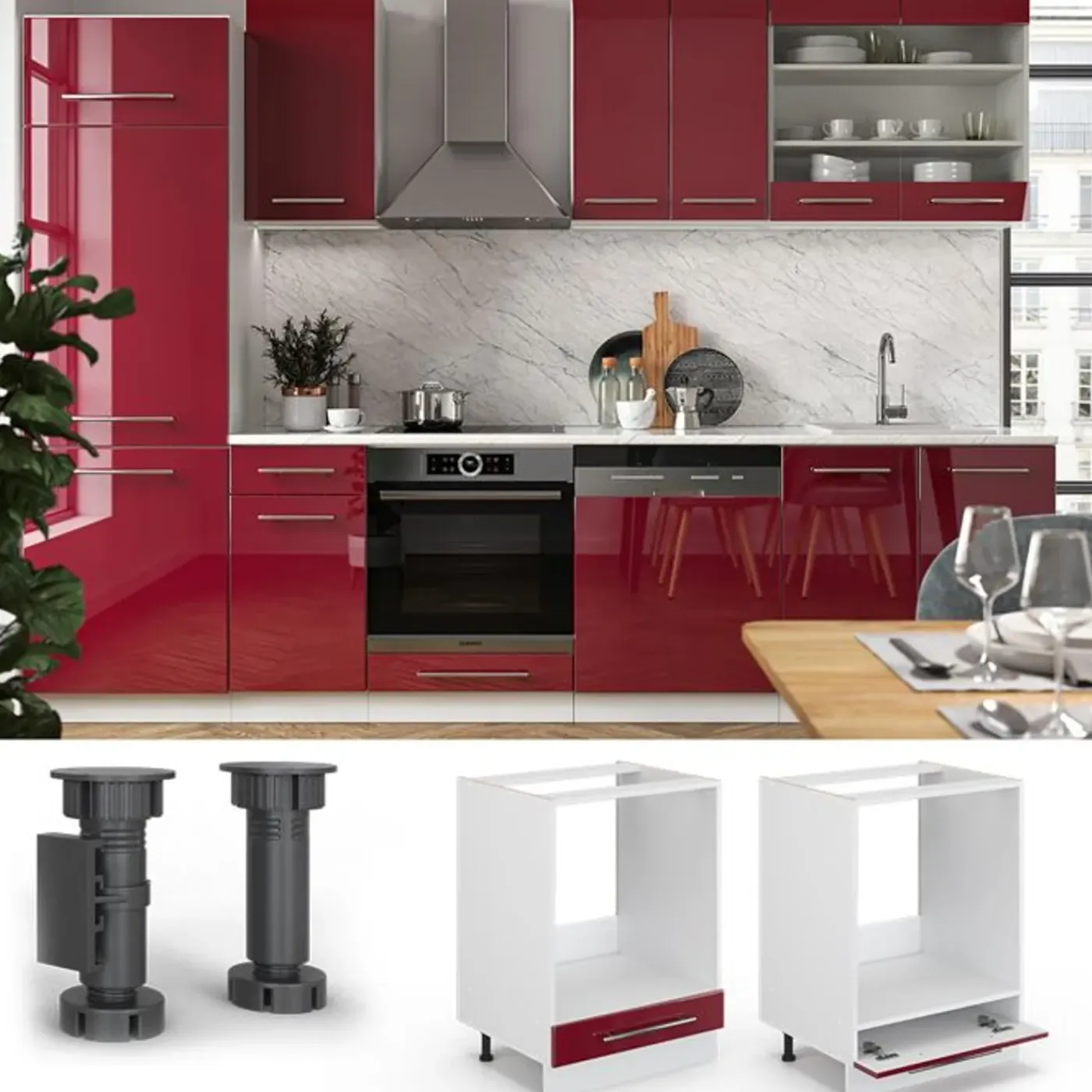 VICCO Fameline Ovenmeubel, 60cm Zonder Pt, Bordeauxrood Hoogglans/wit, 34785