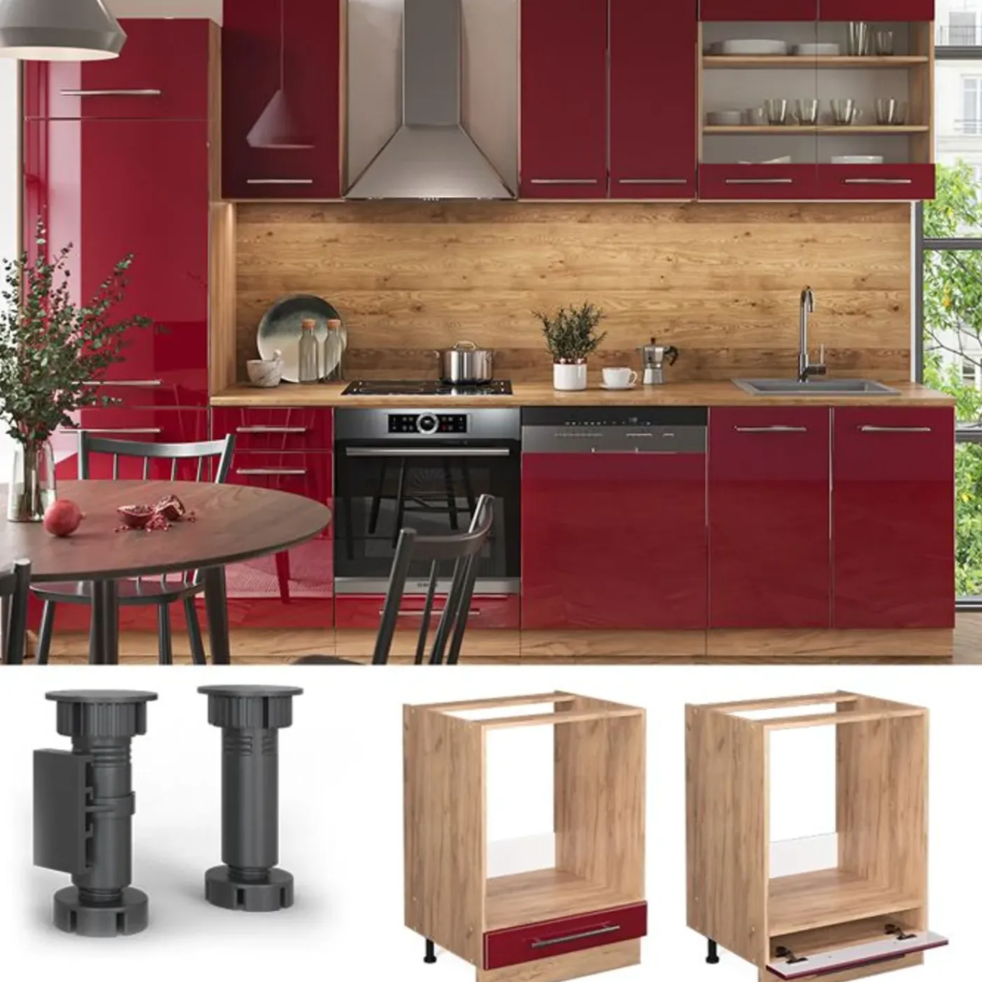 VICCO Fameline Ovenmeubel, 60cm, Pt Eik, Bordeauxrood Hoge Glans/eiken Van Sterke Kwa