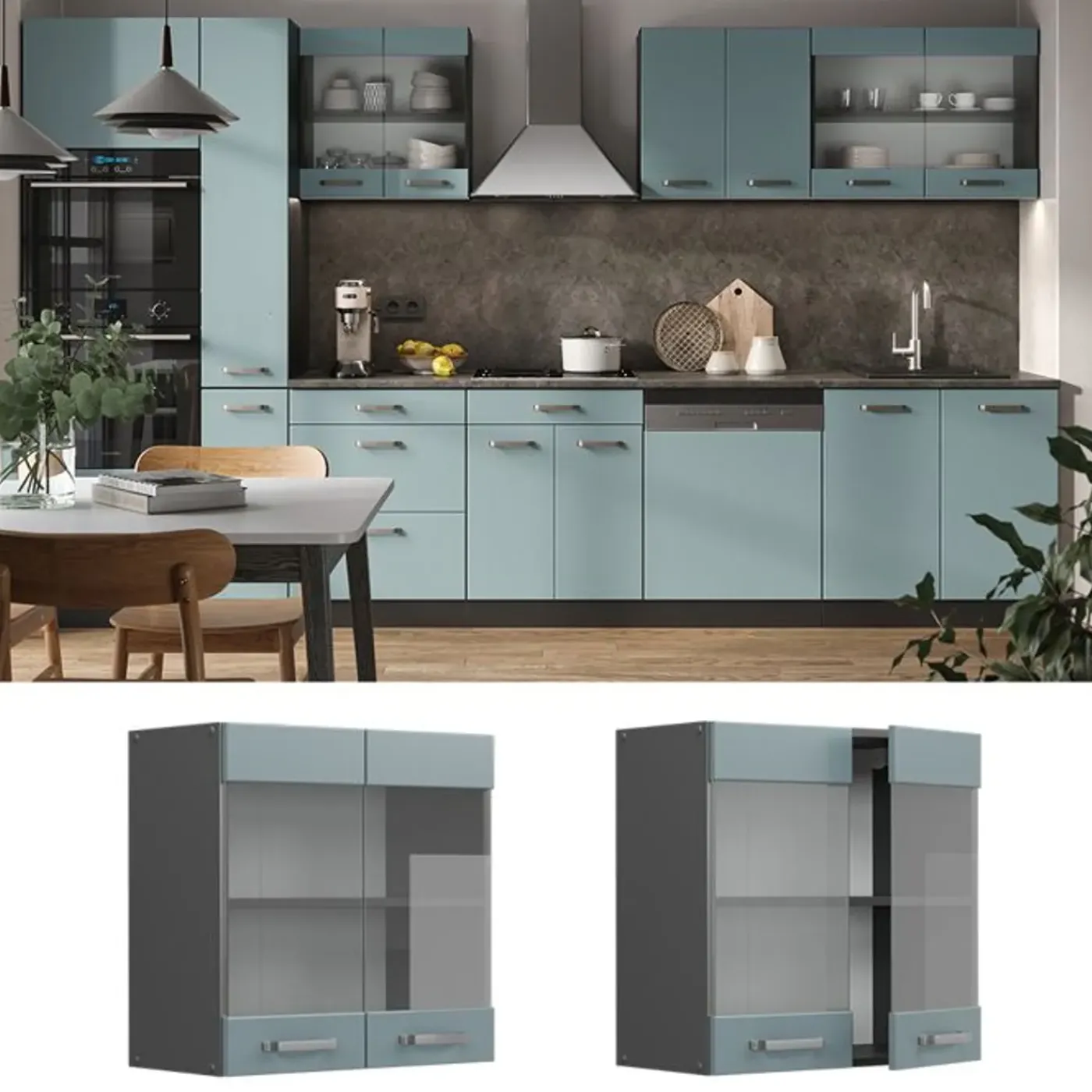 VICCO Glazen Kast Rline, 60cm, Blauwgrijs/antraciet, 41185