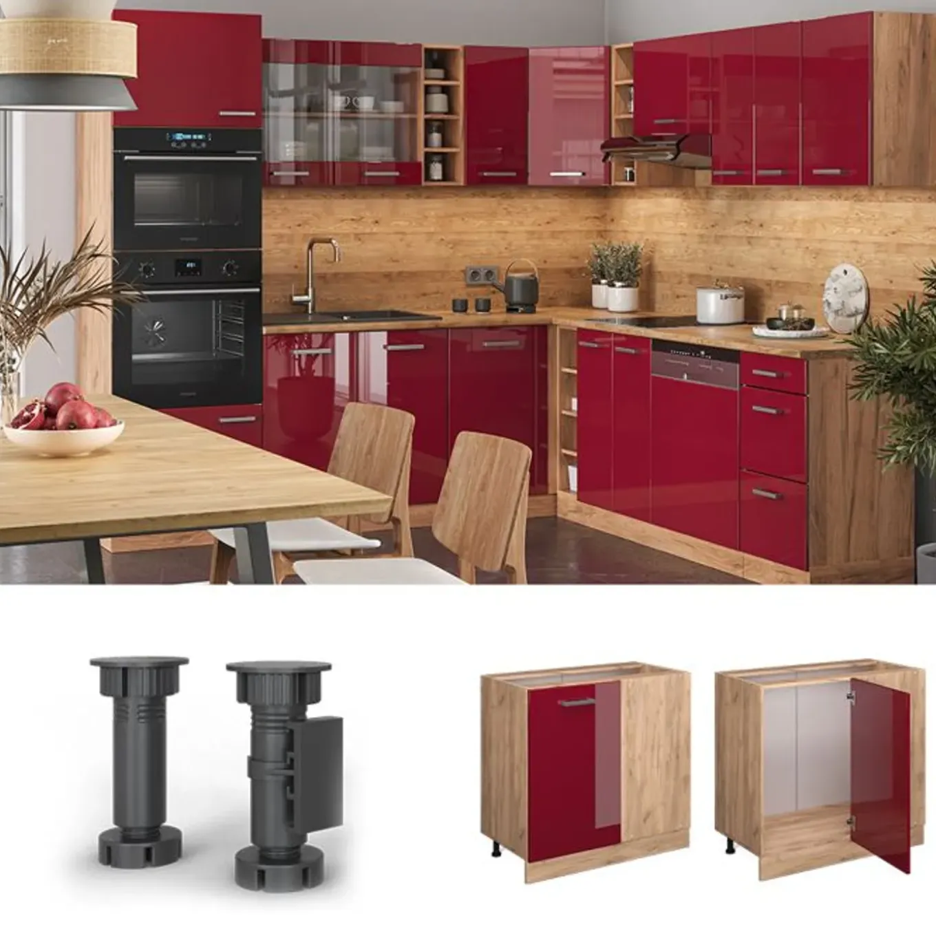 Vicco - Hoekkast R-line - Hoogglans Rood - Werkblad Antraciet