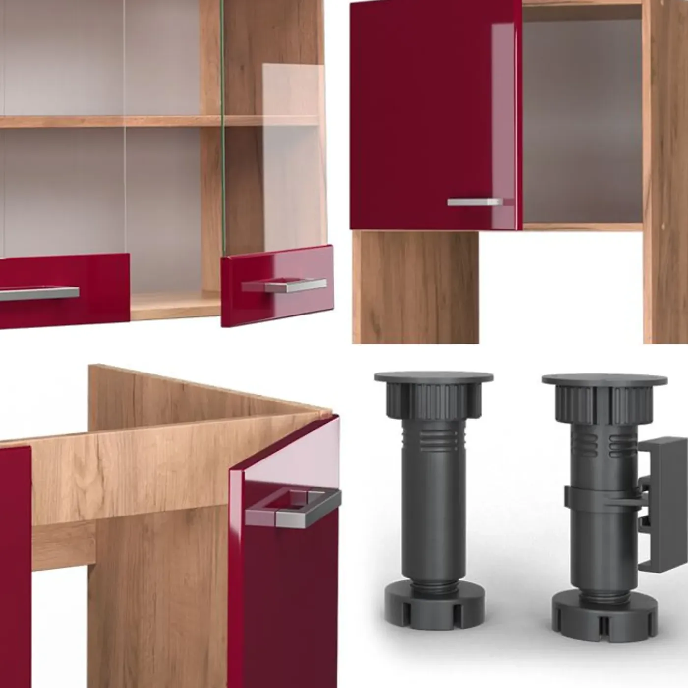 VICCO - Hoekkeuken - R-line - Glanzend Rood Goudkleurig Eiken - Marmeren Werkblad - 247 X 237 Cm