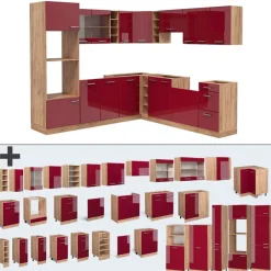 VICCO - Hoekkeuken - R-line - Glanzend Rood Goudkleurig Eiken - Marmeren Werkblad - 247 X 237 Cm