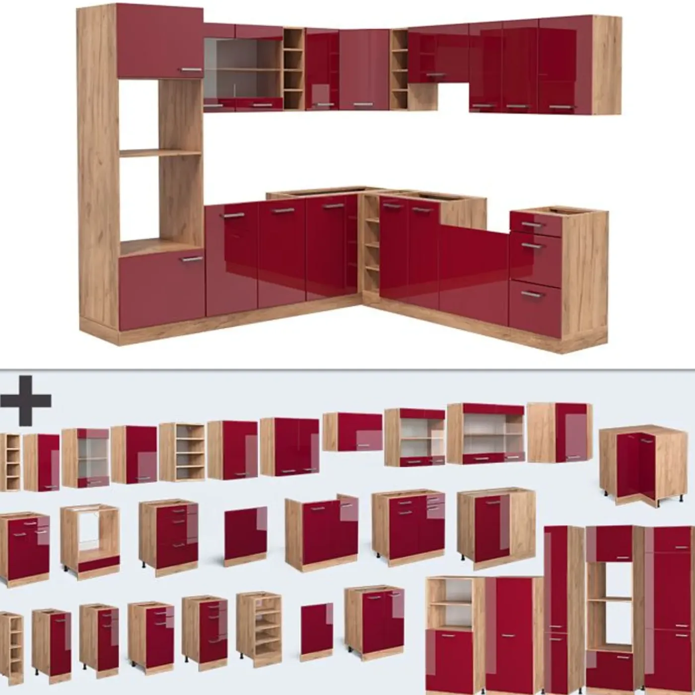 VICCO - Hoekkeuken - R-line - Glanzend Rood Goudkleurig Eiken - Marmeren Werkblad - 247 X 237 Cm