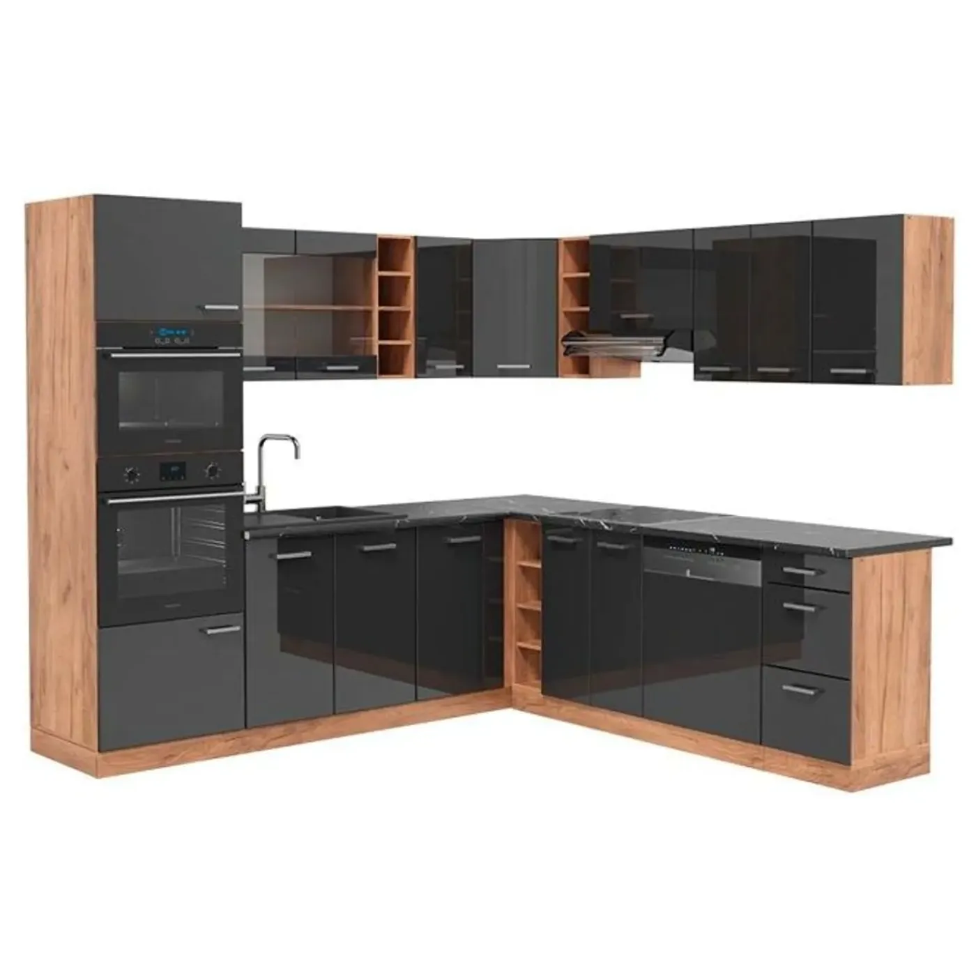 VICCO - Hoekkeuken - R-line 43297 - Glanzend Antraciet Goud Eiken - 247 X 237 Cm
