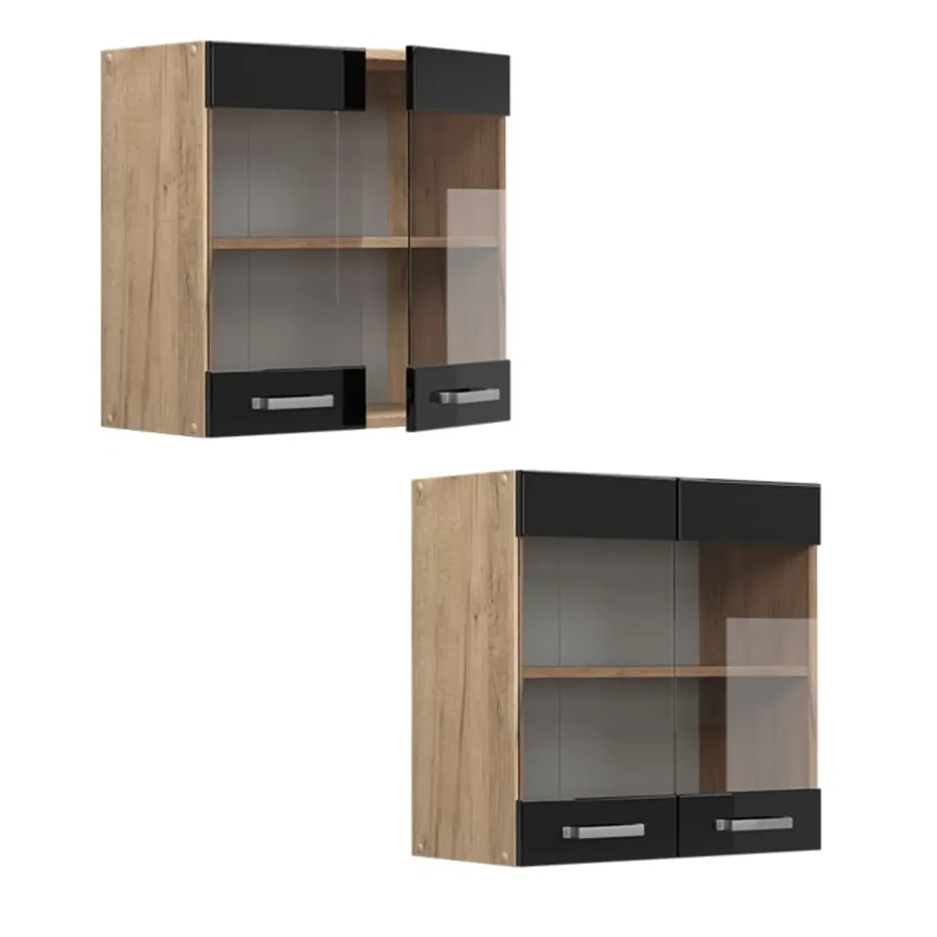 Vicco - Hoge Glazen Keukenkast R-line - Hoogglans Zwart - 60 X 60 X 31 Cm