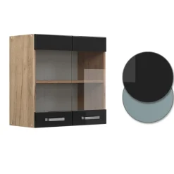 Vicco - Hoge Glazen Keukenkast R-line - Hoogglans Zwart - 60 X 60 X 31 Cm