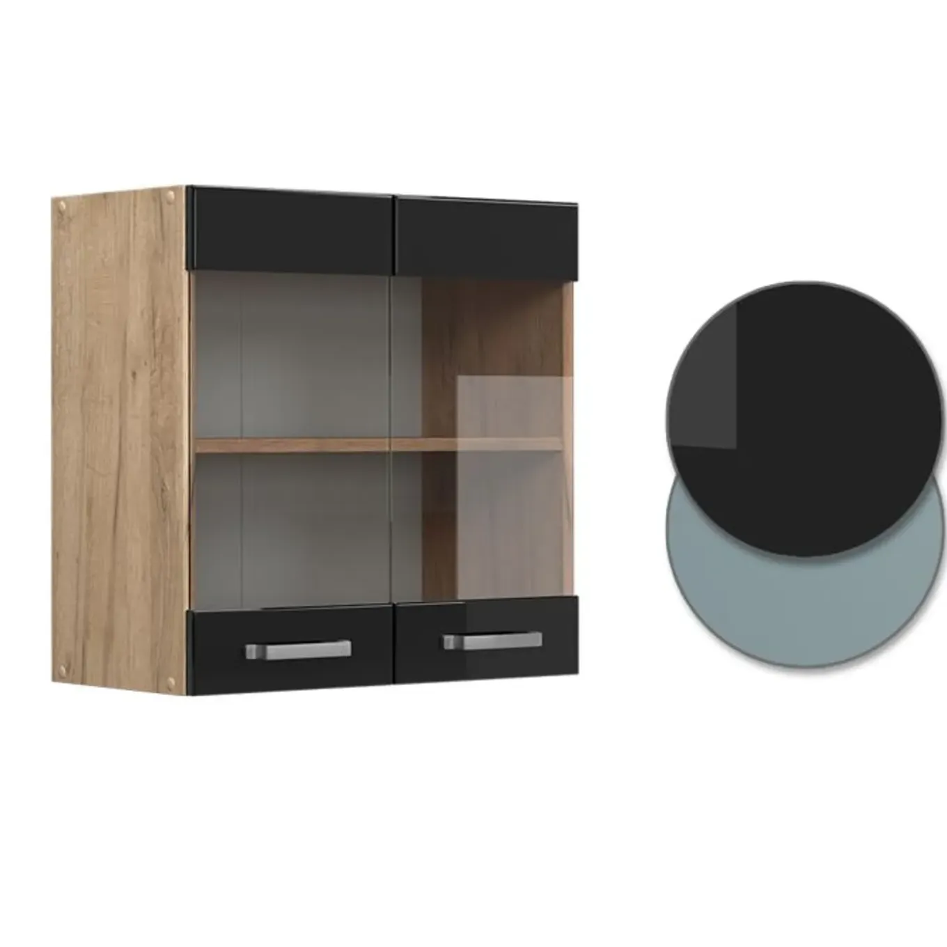 Vicco - Hoge Glazen Keukenkast R-line - Hoogglans Zwart - 60 X 60 X 31 Cm