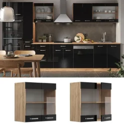 Vicco - Hoge Glazen Keukenkast R-line - Hoogglans Zwart - 60 X 60 X 31 Cm