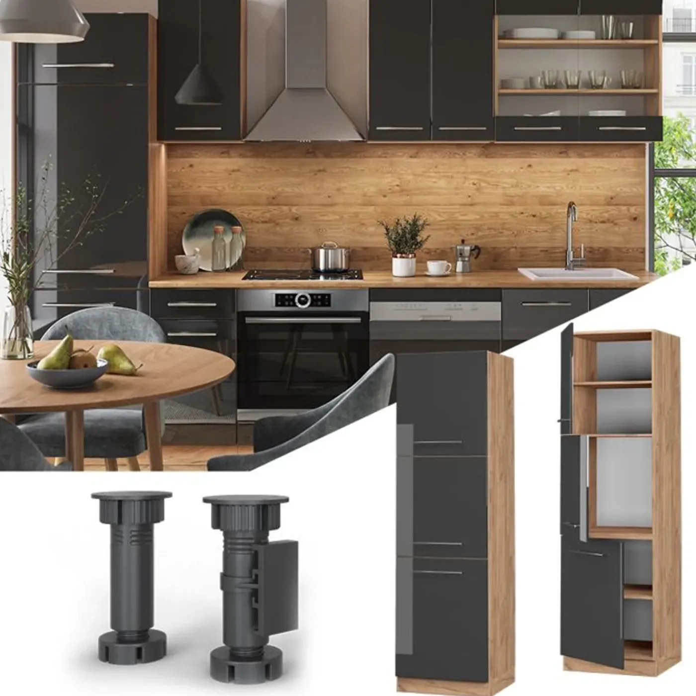 VICCO Hoge Kast Fameline, 60cm, Antraciet Hoogglans/eiken Goud, 38607