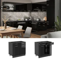 Vicco - Keukenkast Onder - Zwart Hoogglans Met 2 Lades En 2 Deuren - 80 Cm