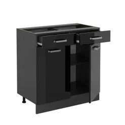 Vicco - Keukenkast Onder - Zwart Hoogglans Met 2 Lades En 2 Deuren - 80 Cm