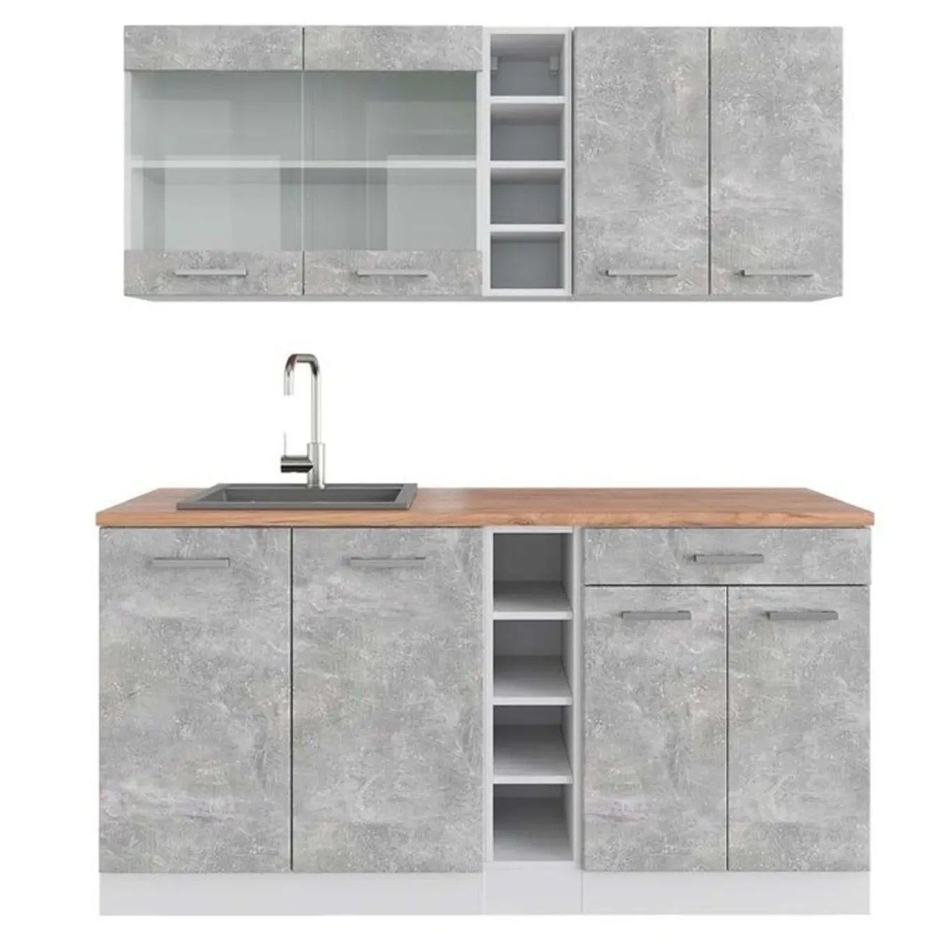Vicco - Keuken R-line - Beton/wit - Werkblad Eik, 160 X 81,6 X 60 Cm