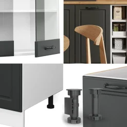 VICCO - Keuken R-line 160 Cm - Antraciet Landelijk/wit - Panelen 16 Mm, Antraciet Werkblad