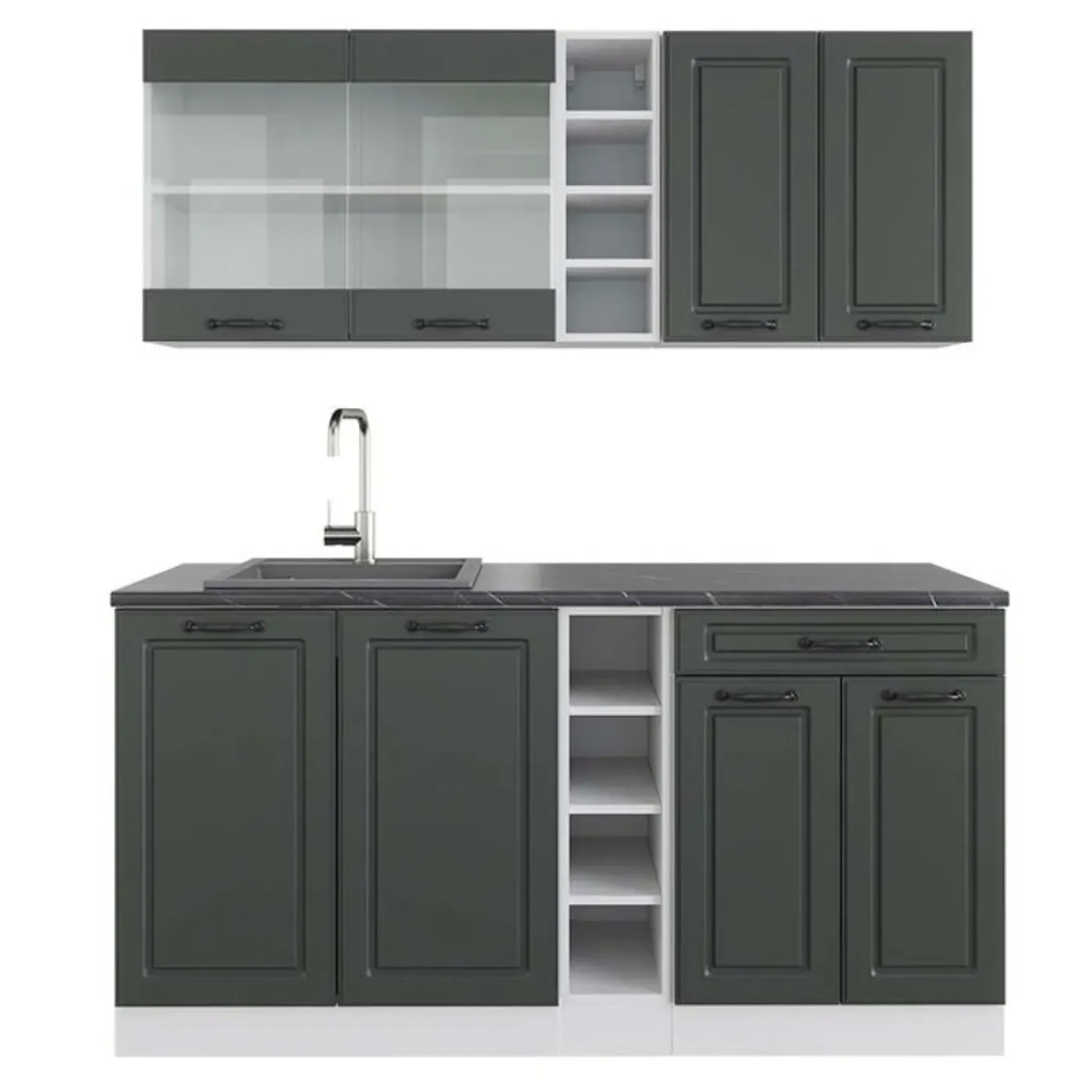 VICCO - Keuken R-line 160 Cm - Antraciet Landelijk/wit - Panelen 16 Mm, Antraciet Werkblad