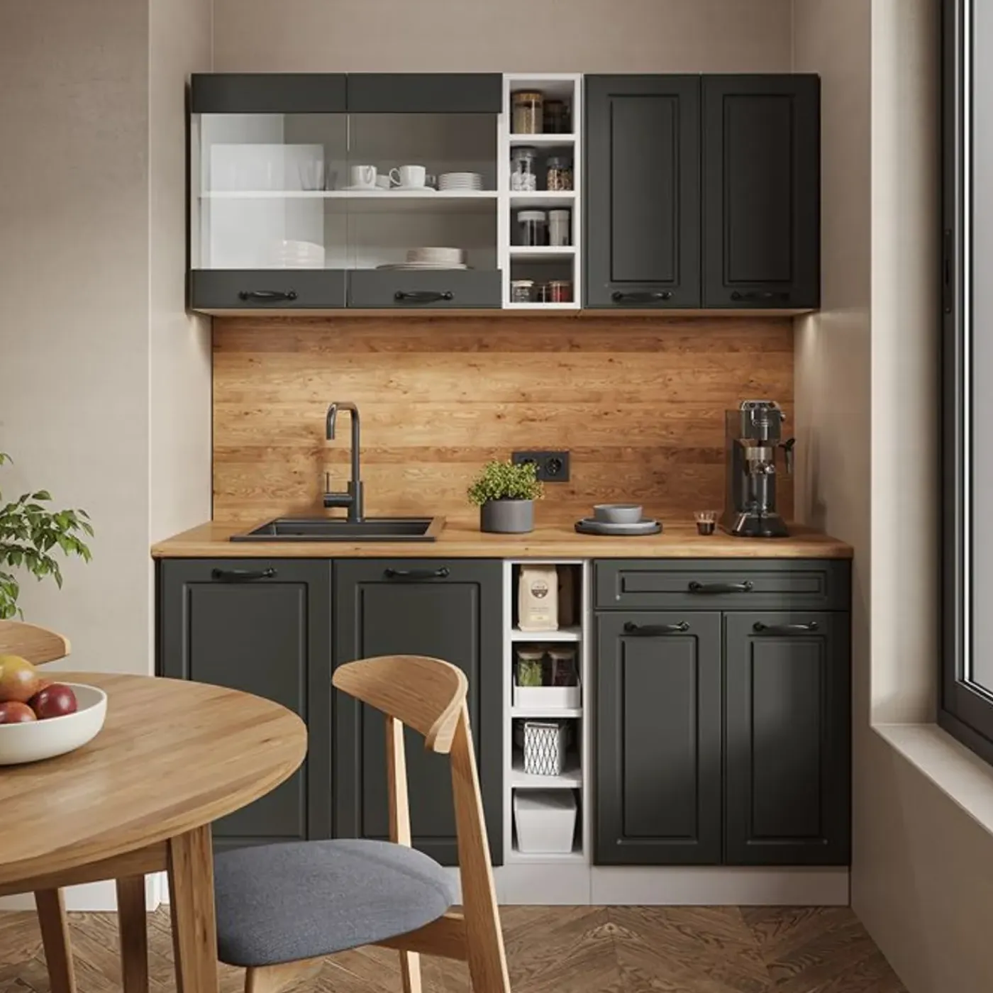 VICCO - Keuken R-line 160 Cm - Antraciet Landelijk/wit - Panelen 16 Mm, Antraciet Werkblad