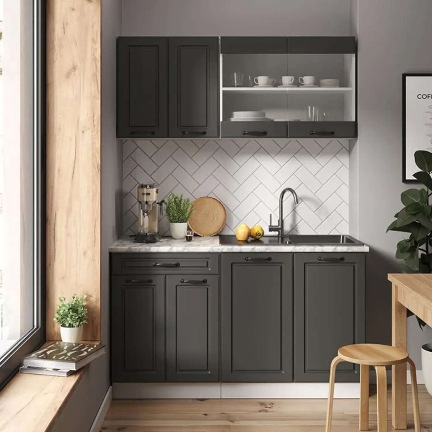 VICCO - Keuken R-line 140 Cm - Antraciet/wit - Marmeren Werkblad, Modulair