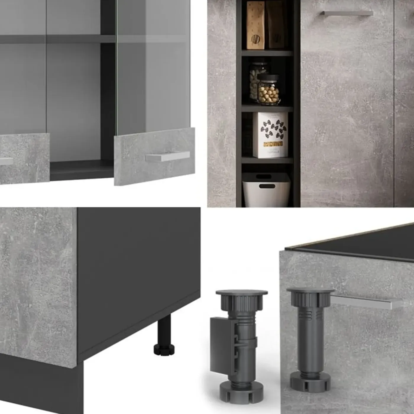 VICCO - Keuken R-line 160 Cm - Beton/antraciet - Werkblad Wit Marmer