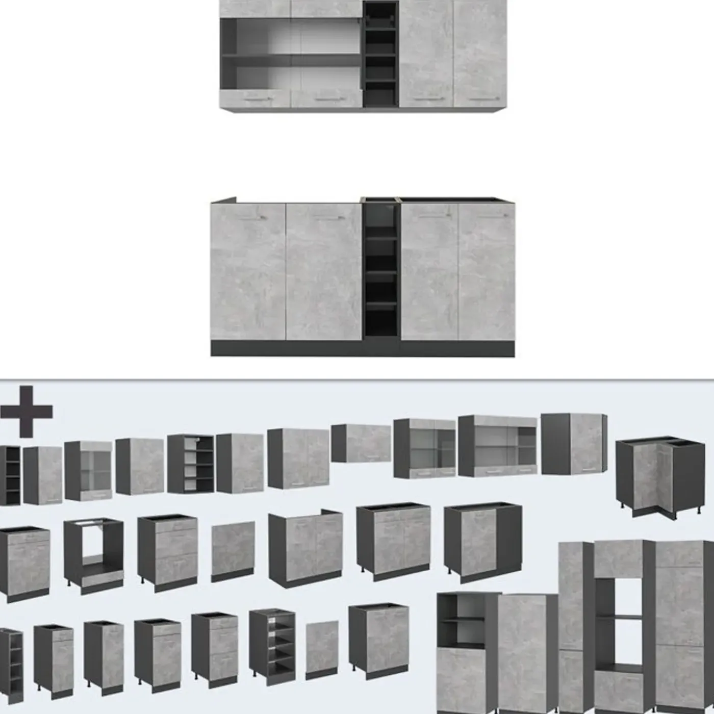 VICCO - Keuken R-line 160 Cm - Beton/antraciet - Werkblad Wit Marmer