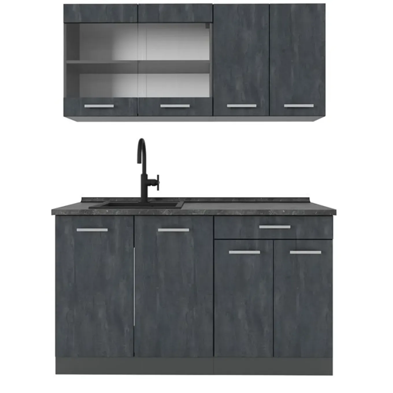 Vicco - Keuken R-line - 140 Cm, Betonzwart/antraciet - Verwisselbare Modules, Verstelbare Poten