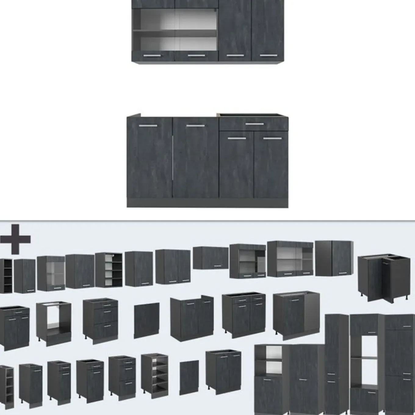 Vicco - Keuken R-line - 140 Cm, Betonzwart/antraciet - Verwisselbare Modules, Verstelbare Poten