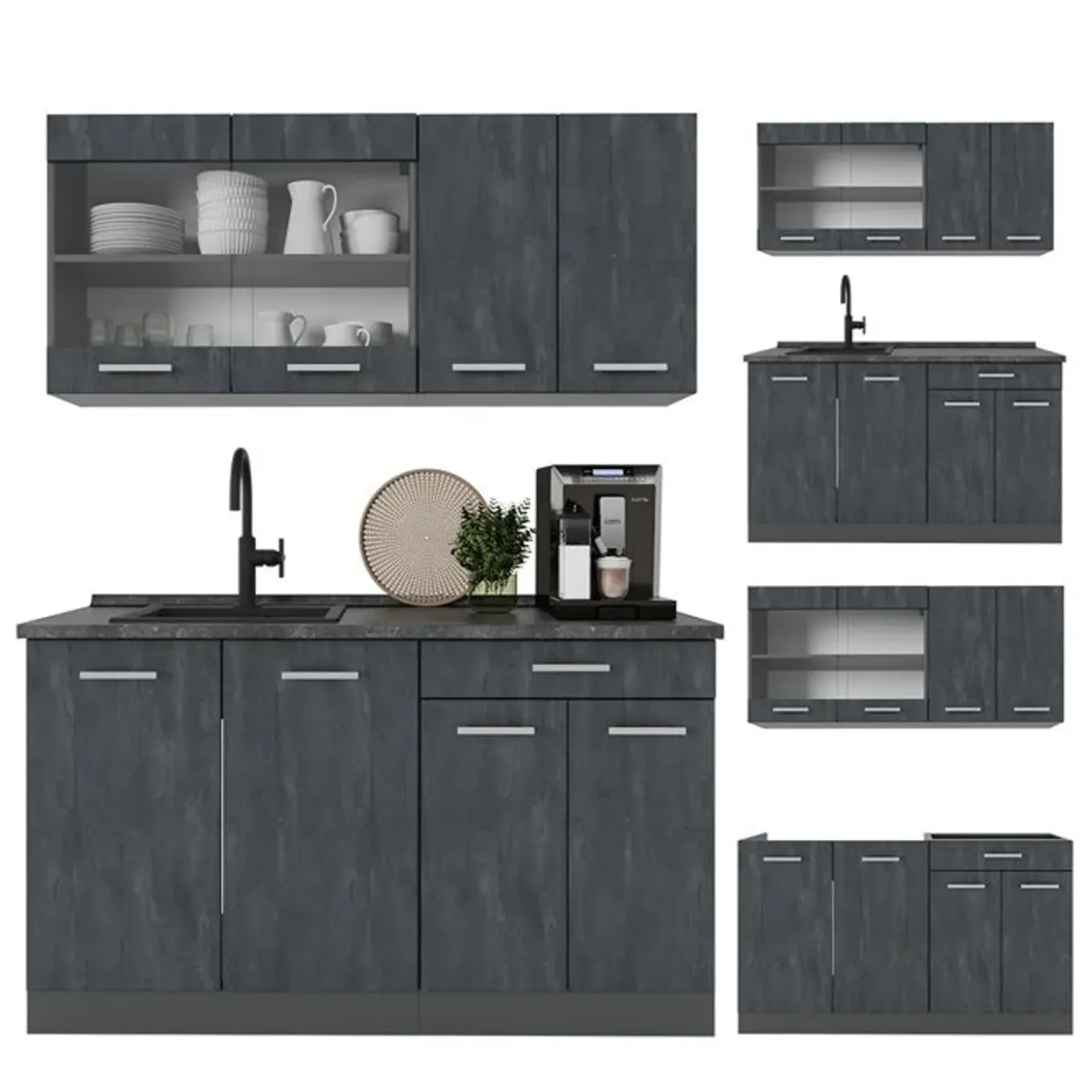 Vicco - Keuken R-line - 140 Cm, Betonzwart/antraciet - Verwisselbare Modules, Verstelbare Poten