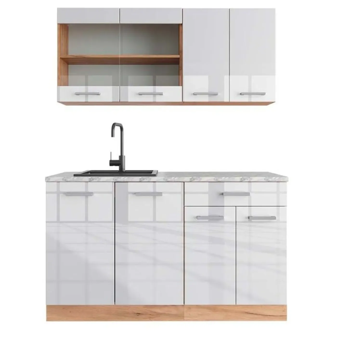 VICCO - Keuken R-line 140 Cm - Hoogglans Wit - Werkblad Wit Marmer